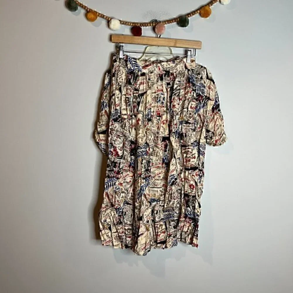 Vintage travel patterned skirt and shirt matching set